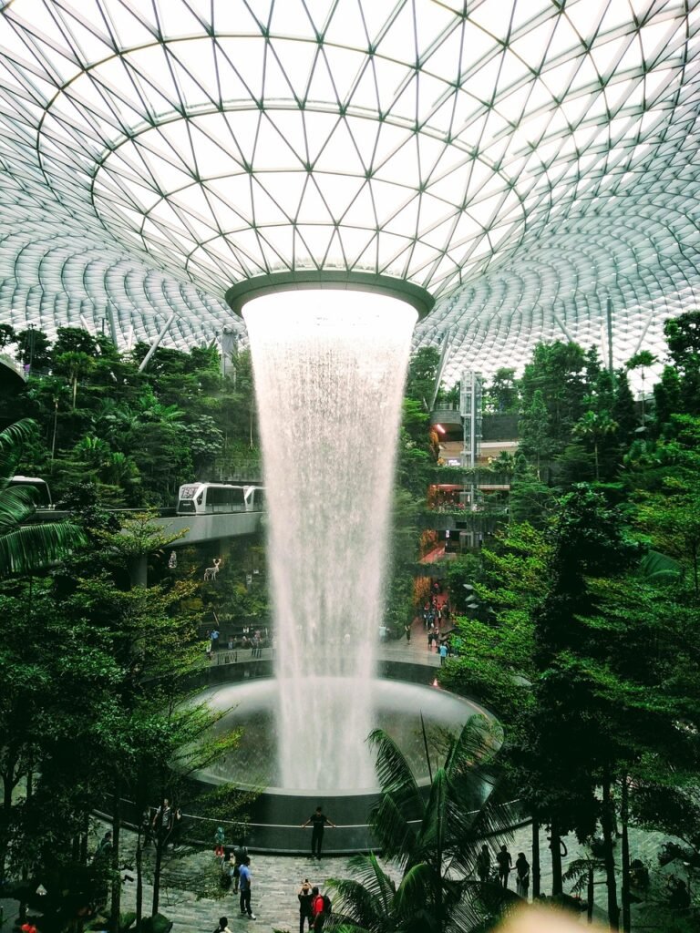 singapore jewel, singapore, airport, nature, jewel, changi, landmark, modern, indoor, waterfall, asia, green waterfall